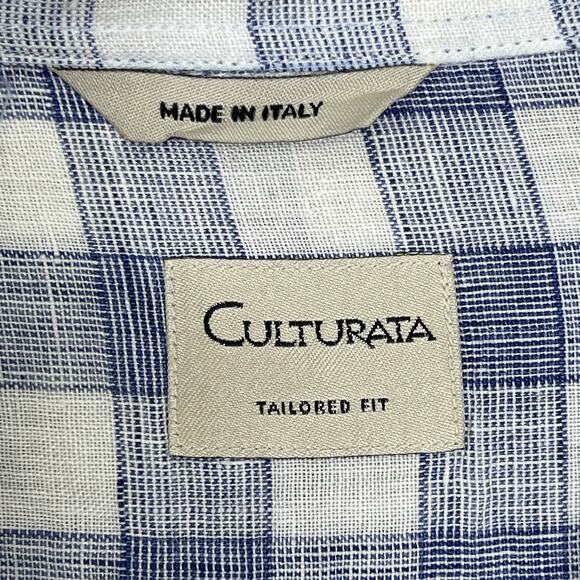 Culturata Shirt Men's XXL Tailored Fit 100% Linen Blue White Plaid Made in Italy - Picture 7 of 8